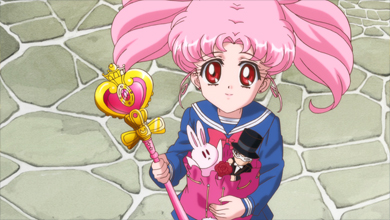 chibi usa / rini and the spiral heart moon rod in pretty guardian sailor moon crystal act.26 replay - neverending -