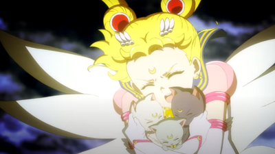 Eternal Sailor Moon with Artemis, Luna, and Diana in Pretty Guardian Sailor Moon Cosmos anime movie.