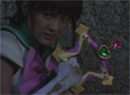 Sailor Jupiter with her spear weapon in the live-action Pretty Guardian Sailor Moon (PGSM) TV series' Final Act episode.