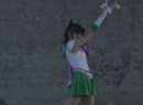 Sailor Jupiter with her spear weapon in the live-action Pretty Guardian Sailor Moon (PGSM) TV series' Final Act episode.