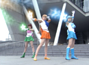 Sailor Jupiter, Venus, and Mercury from the live-action Sailor Moon TV series using their Star attacks.