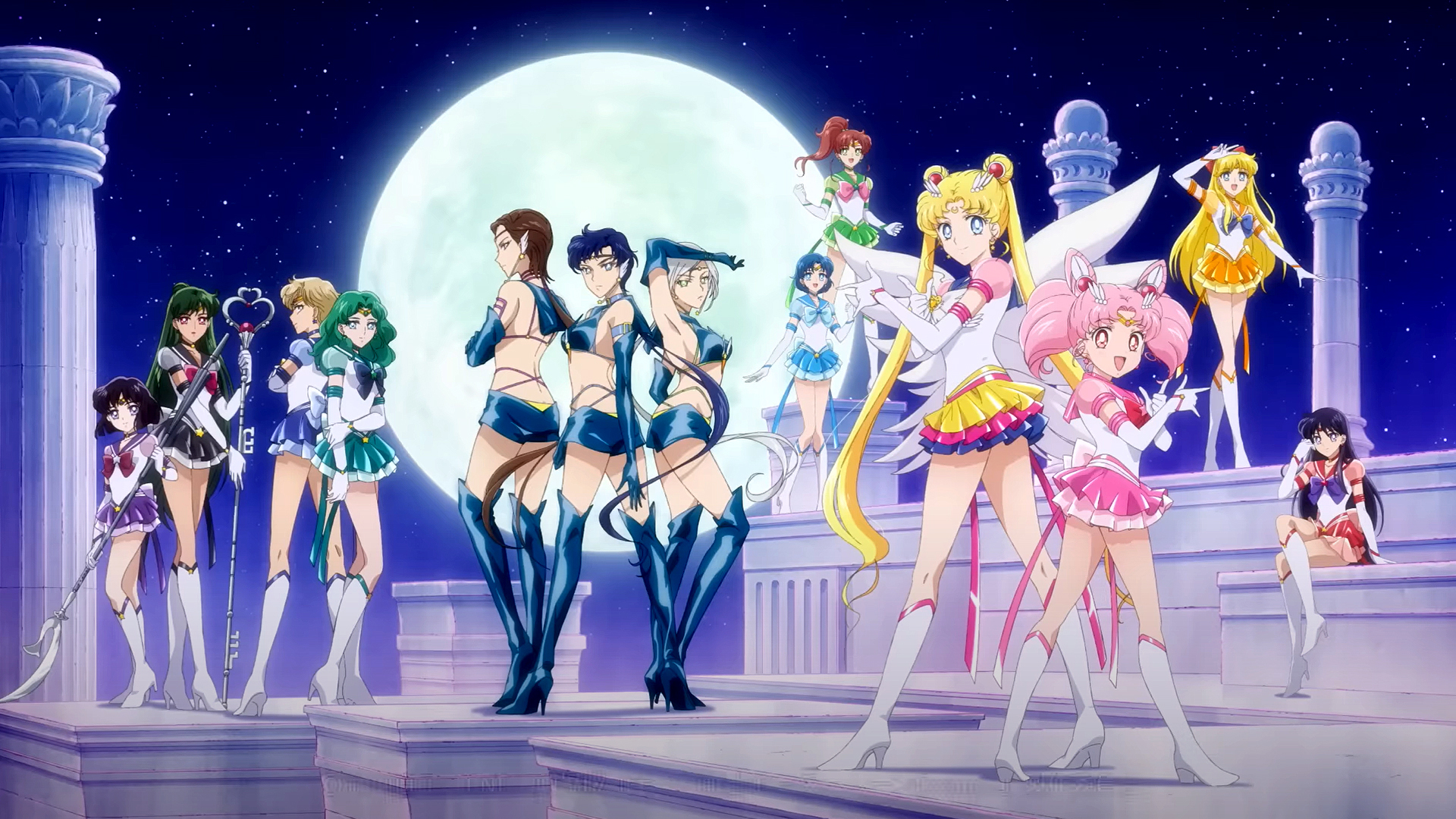 Sailor Moon Cosmos Part 1 opening screenshot with Eternal Sailor Moon, Eternal Sailor Mini Moon, the Sailor Starlights, the Inner Guardians, and the Outer Guardians.