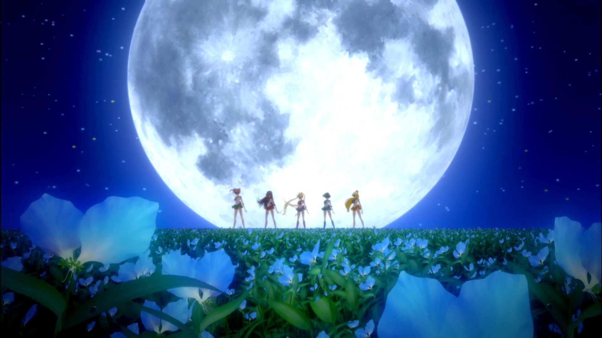 Sailor Moon Crystal Season 1 Moon Pride opening credits screenshot featuring Sailor Moon, Venus, Jupiter, Mars, and Mercury.