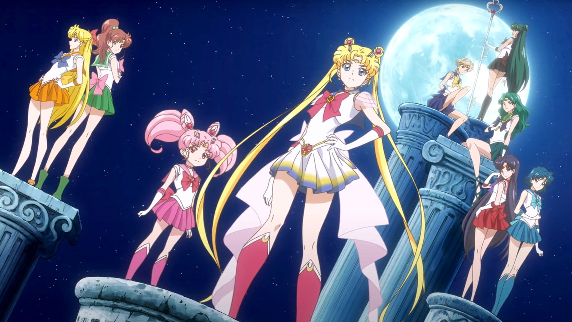 Sailor Moon Crystal Season 3 opening credits scene with Super Sailor Moon and the Sailor Guardians.