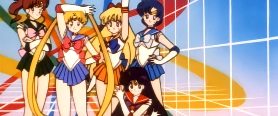 90's Sailor Moon screencap image featuring Sailor Moon, Mercury, Mars, Jupiter, and Venus.