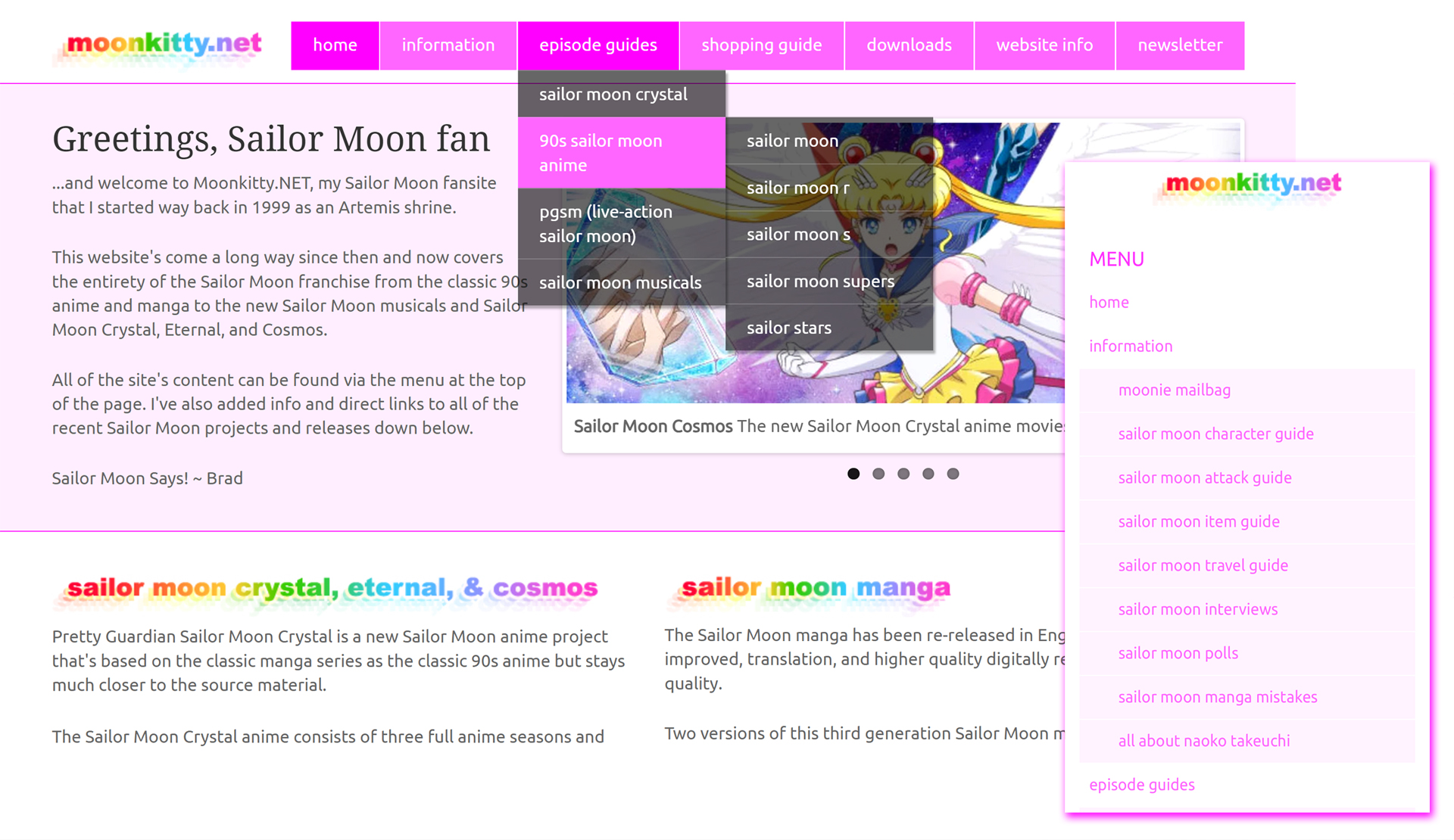 Moonkitty.NET's current website layout created in 2023 for both mobile and desktop.