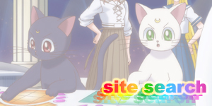 White cat Artemis and black cat Luna from the Sailor Moon Crystal anime and the phrase Site Search written in rainbow coloured text