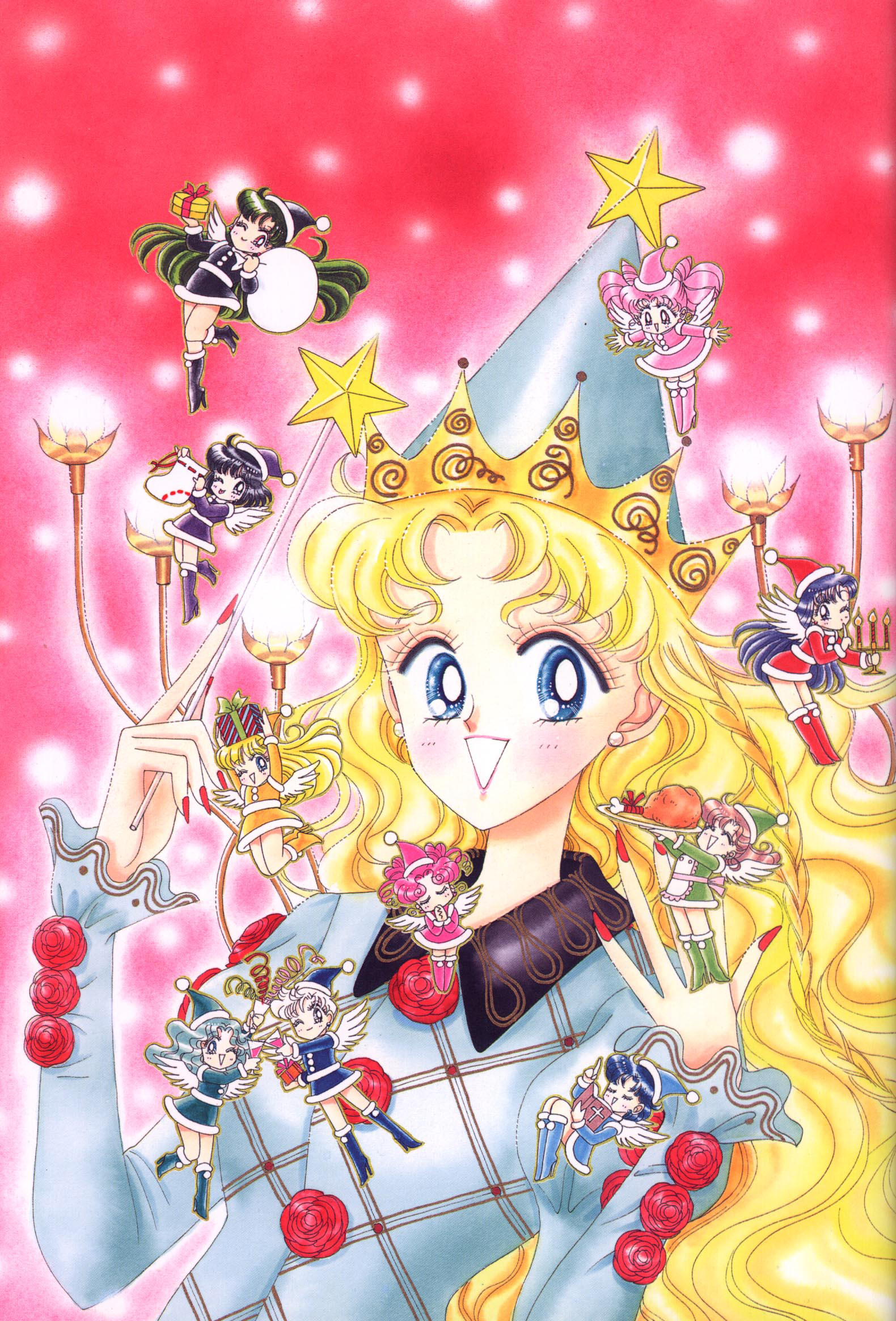 Sailor Moon Christmas image featuring manga image of Sailor Moon and other Sailor Guardians in Xmas angel costumes.