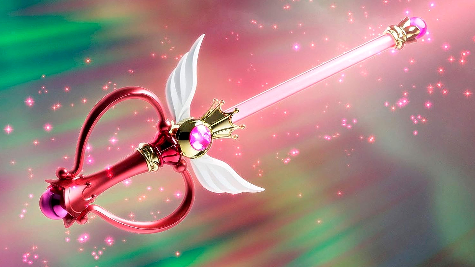 Sailor Moon Moon Kaleidoscope Proplica surrounded by magical pink sparkles.