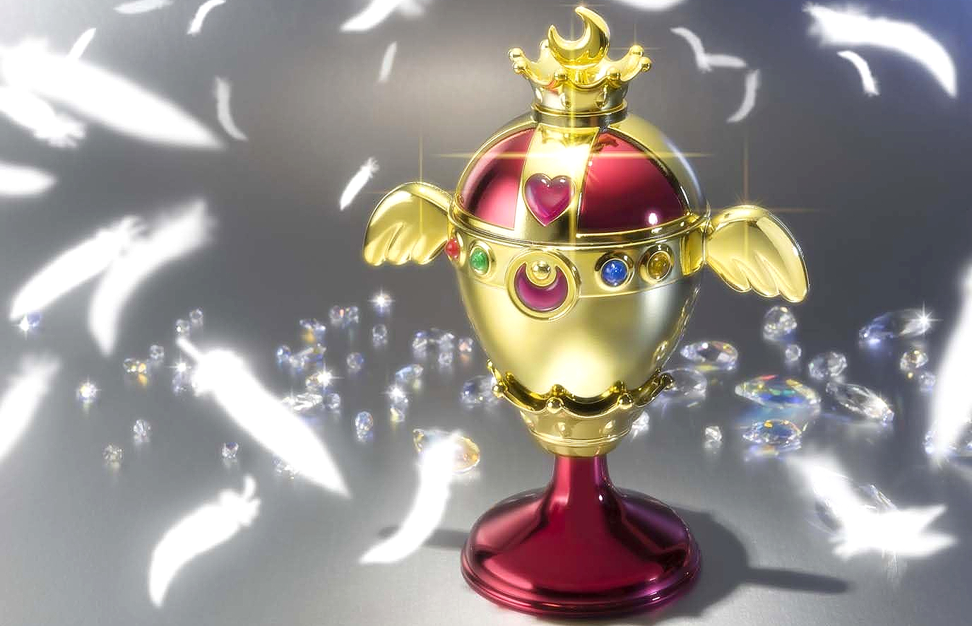 Sailor Moon Tamashii Nations Rainbow Moon Chalice/Holy Grail Proplica surrounded by white feathers.