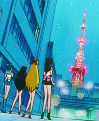 japan's famous tokyo tower featured in the sailor moon anime. sailor mercury, sailor mars, sailor jupiter and sailor venus.
