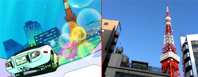 tokyo tower in the sailor moon anime with serena, amara and michelle in car. usagi, haruka, michiru. sailor moon, uranus, neptune